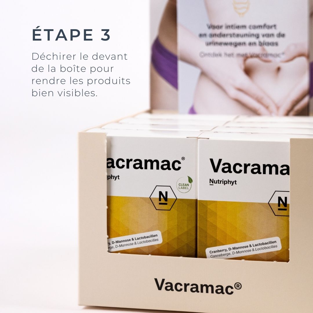 Déchirer le devant de la boîte pour rendre les produits bien visibles.