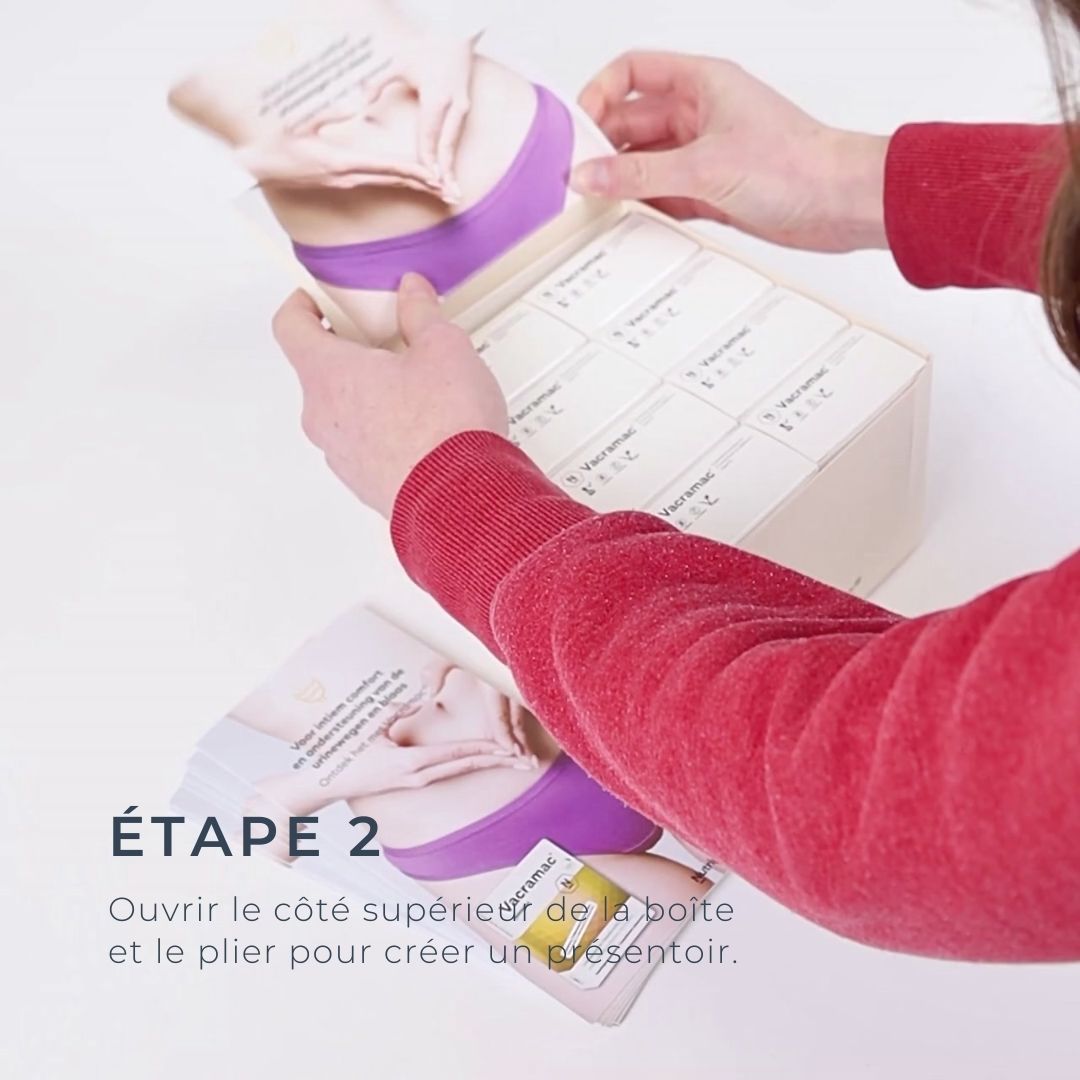 Ouvrir le côté supérieur et le plier pour créer ainsi un présentoir.